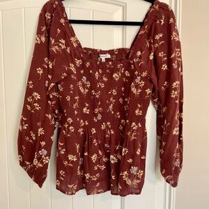 Madewell Floral Smocked Blouse in Rust Red